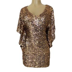 Alberto Makali Sequin Dress Mini Gold Bronze Dolman Batwing Sleeve V Nec…